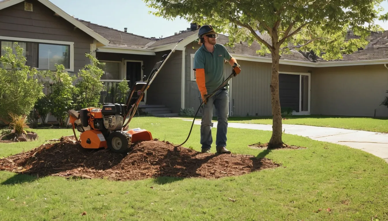 Stump grinding in a backyard of a stucco ranch home in Moreno Valley